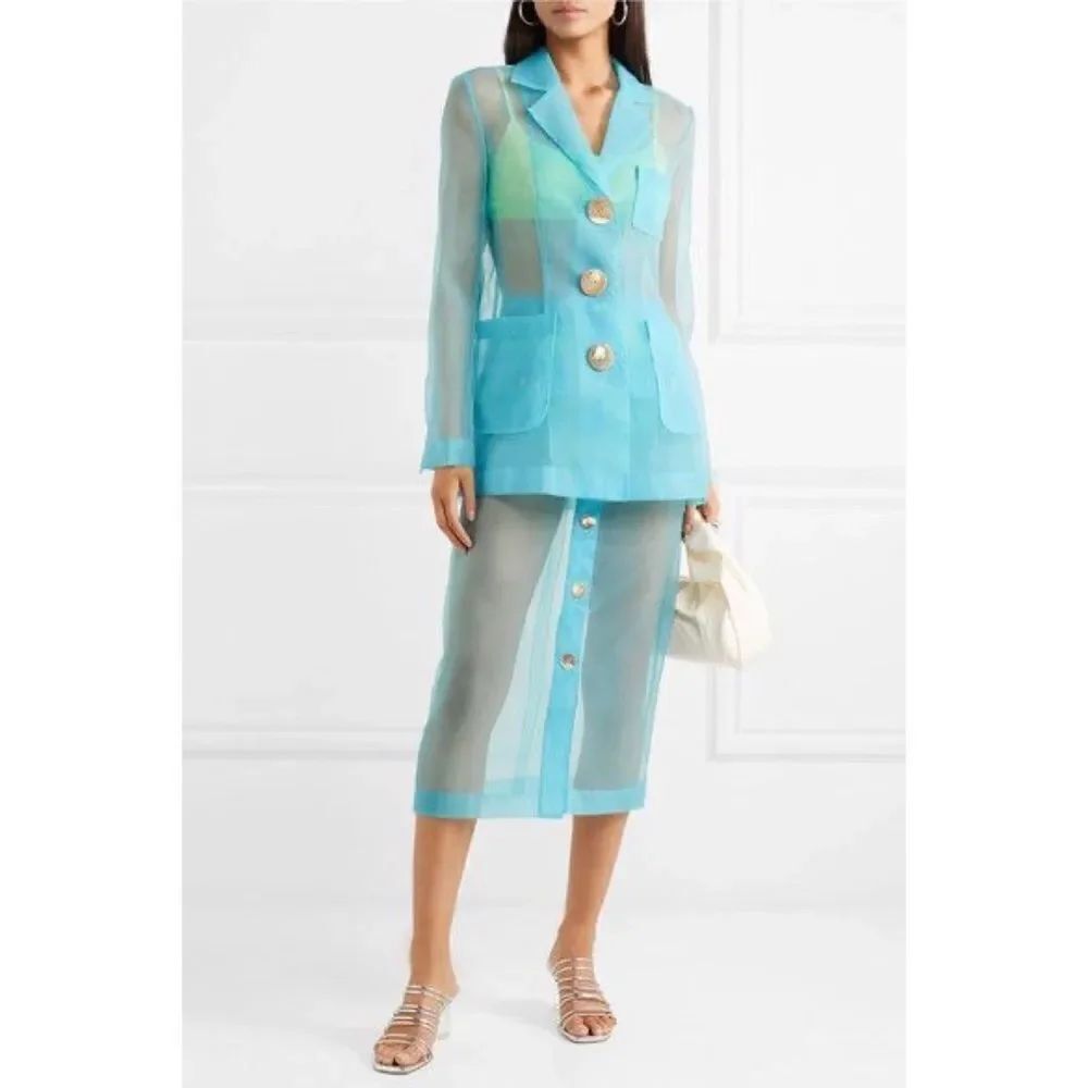 Rejina Pyo Woman Sophie Organza Blazer Turquoise UK10